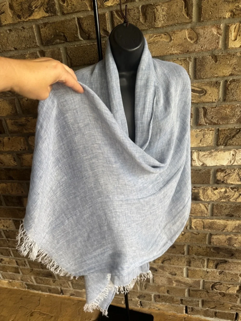 PURO LINO 100% Linen Scarf Italy Pale Blue Wrap Table Runner Fringed 80” x 28“